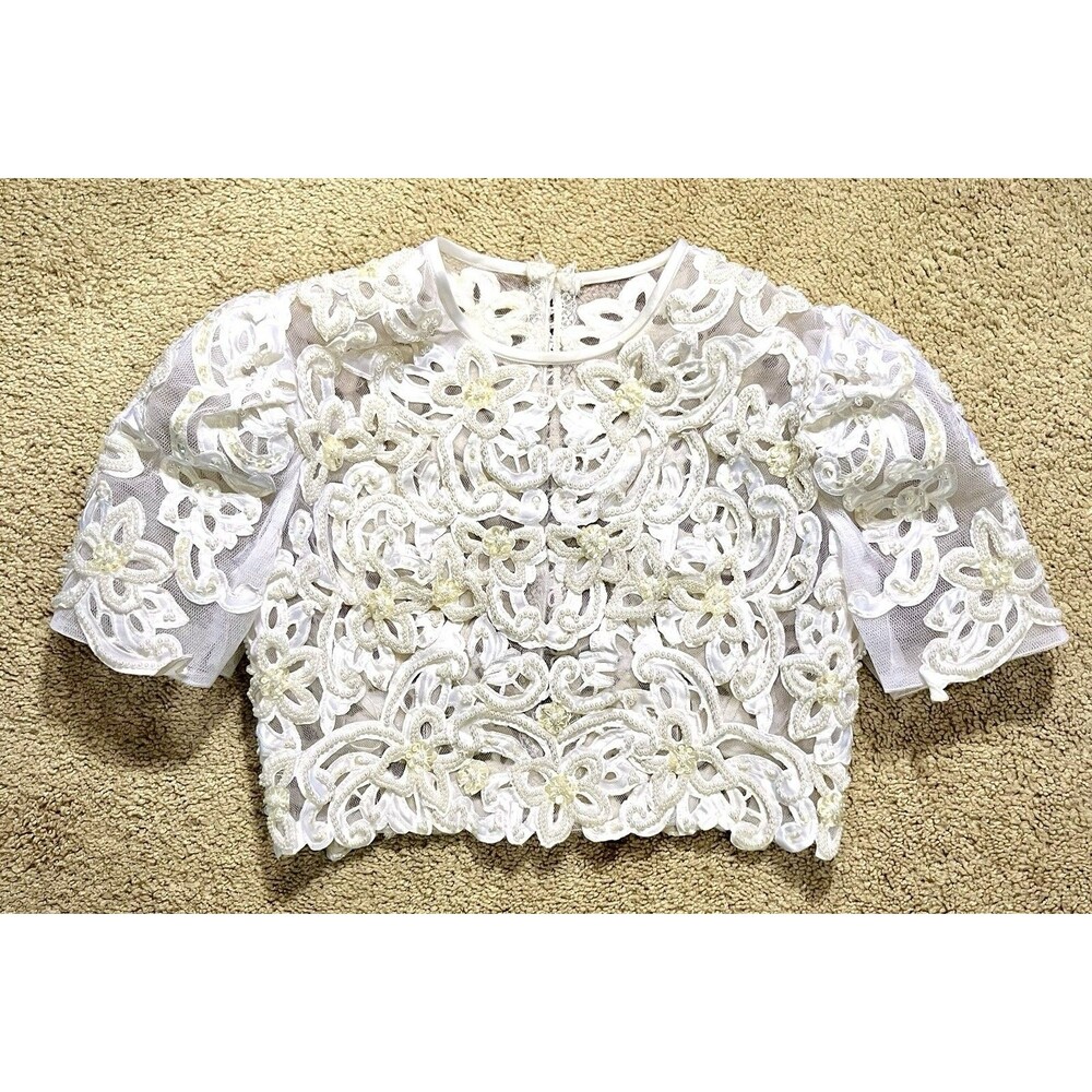 Vintage Lace Bridal Top Dress Cover Short Sleeves Beaded Squeins White Ivory